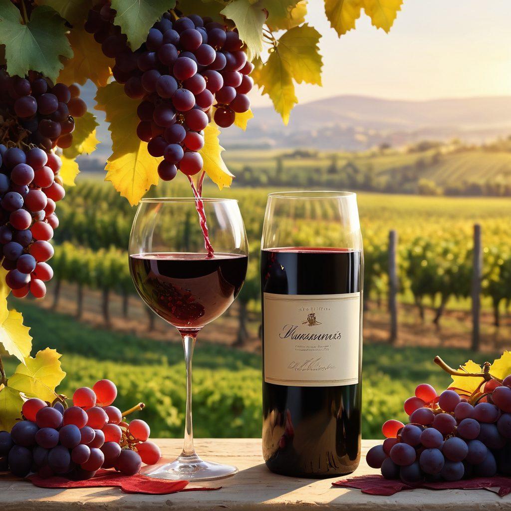 A vibrant and playful scene featuring a vineyard with ripe grapes, an elegant glass of red wine overflowing with rich liquid, and subtle hints of seductive art elements like softly draped silk and playful silhouettes. The atmosphere is cheerful and inviting, with warm sunlight bathing the setting in golden hues. The overall composition exudes a sense of indulgence and exploration. super-realistic. vibrant colors. lush background.