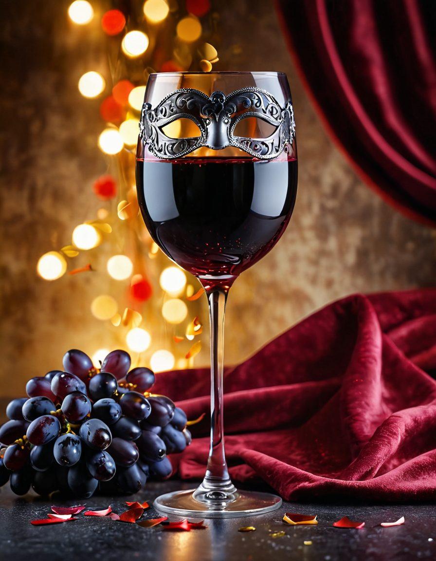 A luxurious wine glass filled with rich red wine, elegantly placed on a plush velvet surface. Surrounding the glass, vibrant and playful elements symbolize adult entertainment, such as a sparkling masquerade mask and colorful confetti. In the background, soft ambient lighting sets a glamorous and inviting mood. This scene captures the transition from grape to glamour, emphasizing joy and celebration. super-realistic. vibrant colors. soft focus.