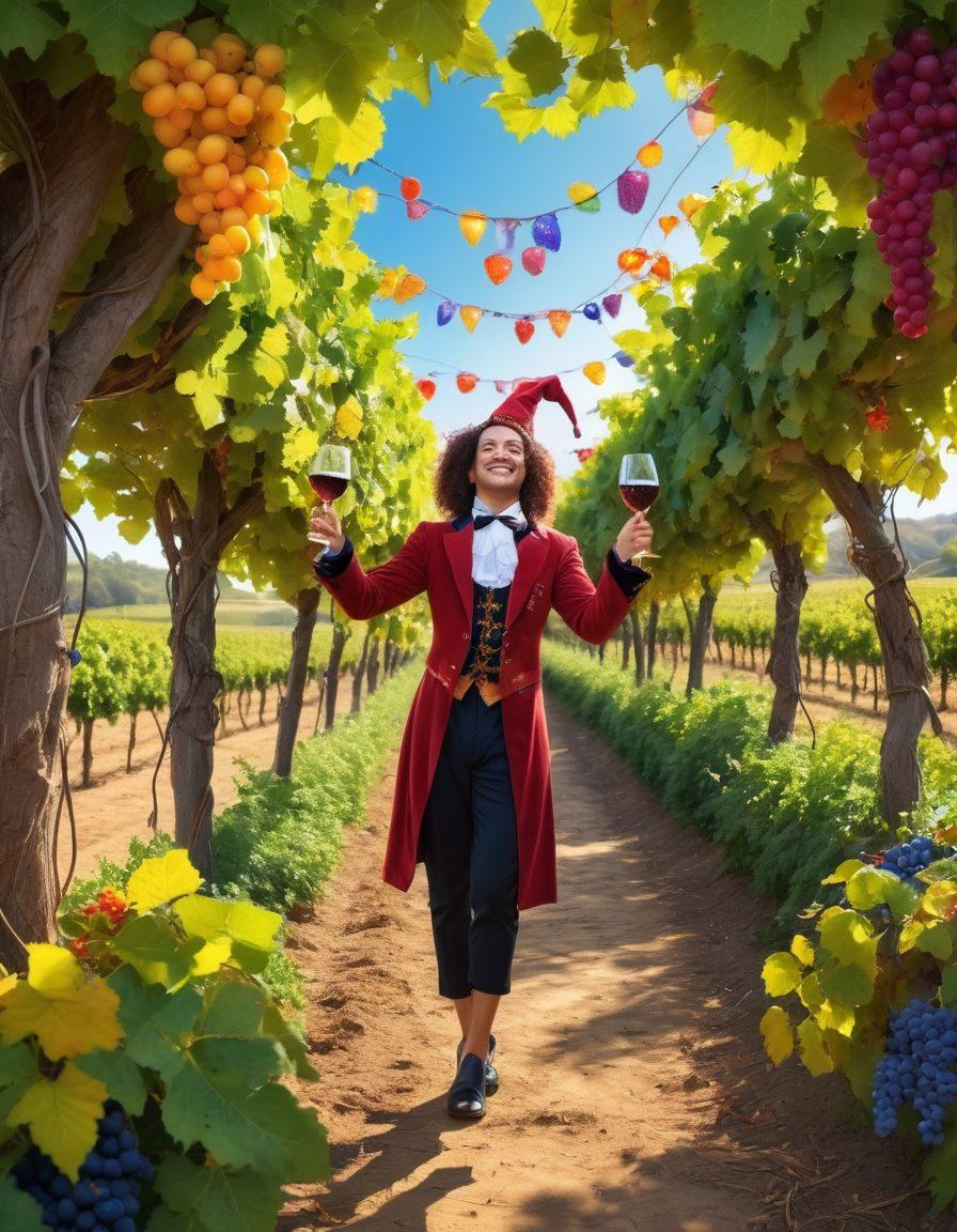 A whimsical and colorful vineyard scene with people happily clinking wine glasses amidst lush grapevines and vibrant foliage. Include playful elements like a jester performing nearby and a string of fairy lights overhead, casting a warm glow. The atmosphere should feel joyful and inviting, reflecting both the delight in wine and the fun of adult entertainment. Use bright, cheerful colors to enhance the scene. super-realistic. vibrant colors.
